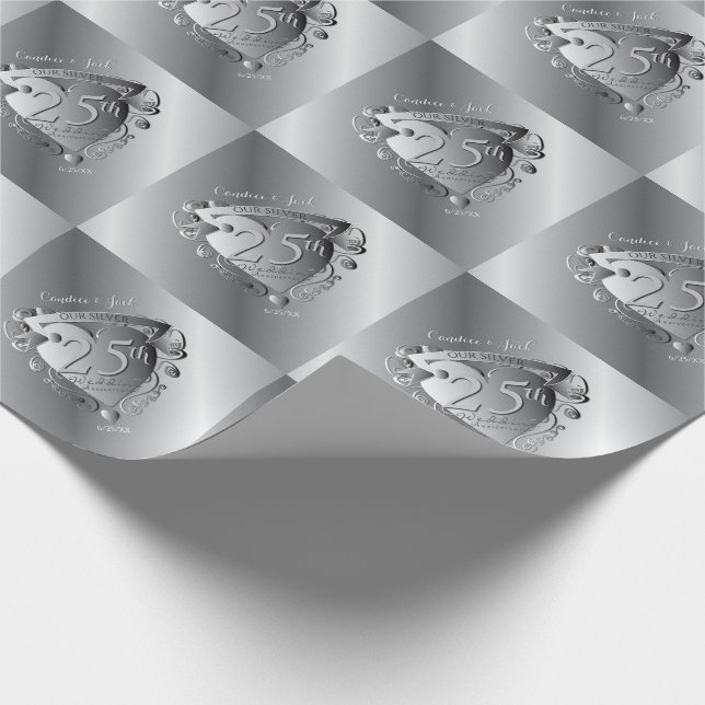 25th Wedding Anniversary Silver Heart Emblem Wrapping Paper (Corner)
