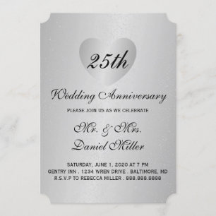25th Wedding Anniversary Silver Heart Invitation