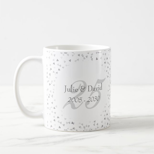 25th Wedding Anniversary Silver Hearts Confetti Coffee Mug (Left)
