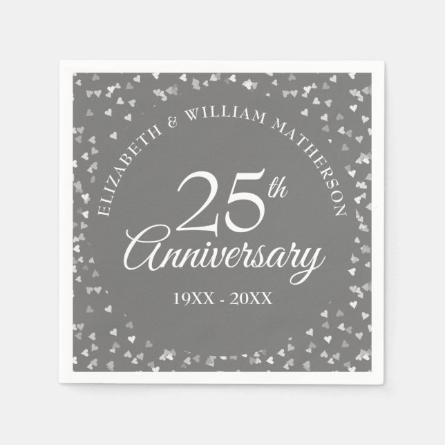 25th Wedding Anniversary Silver Hearts Confetti Napkin (Front)
