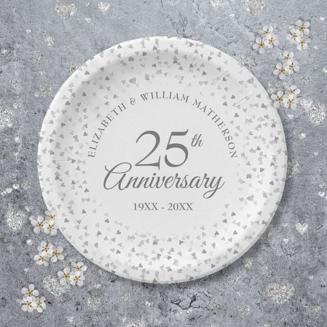 25th Wedding Anniversary Silver Hearts Confetti Paper Plate (25th Wedding Anniversary Silver Hearts Confetti Paper Plates)