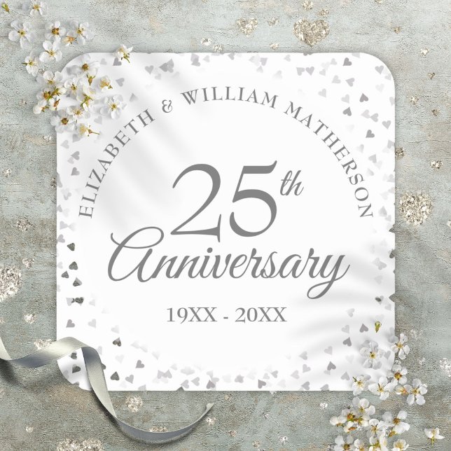25th Wedding Anniversary Silver Hearts Confetti Square Sticker (25th Wedding Anniversary Silver Hearts Confetti Square Sticker)
