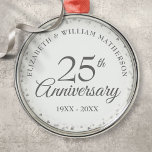 25th Wedding Anniversary Silver Hearts Metal Ornament<br><div class="desc">Designed to coordinate with our 25th Anniversary Silver Hearts collection. Featuring delicate silver hearts. Personalise with your special twenty-five years silver anniversary information in chic silver lettering. Designed by Thisisnotme©</div>