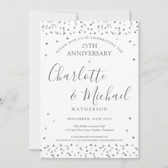 25th Wedding Anniversary Silver Love Hearts Script Invitation (Front)
