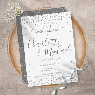 25th Wedding Anniversary Silver Love Hearts Script Invitation