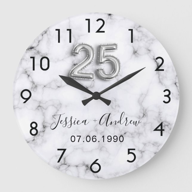 25th wedding anniversary silver marble large clock (Front)