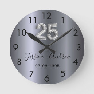 25th wedding anniversary silver names round clock