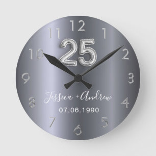 25th wedding anniversary silver names round clock