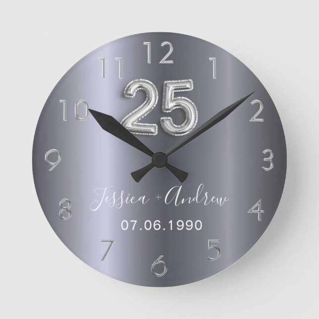 25th wedding anniversary silver names round clock (Front)