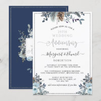25th Wedding Anniversary, Silver, Navy Blue Floral