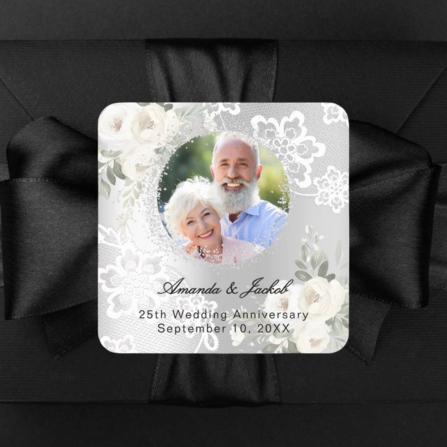 25th Wedding Anniversary silver photo florals  Square Sticker (Creator Uploaded)