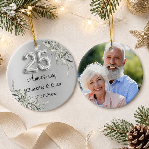 25th wedding anniversary silver photo greenery ceramic ornament