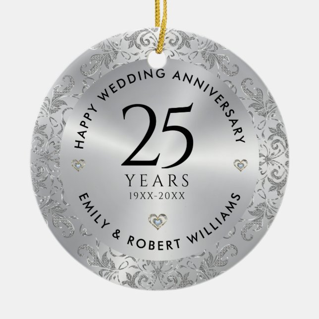 25th Wedding Anniversary Silver Sparkling Frame Ceramic Ornament (Front)