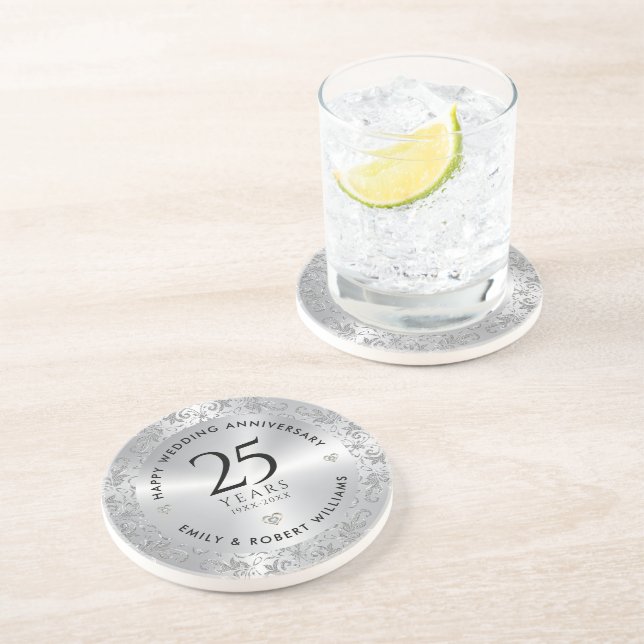 25th Wedding Anniversary Silver Sparkling Frame Coaster (Side)