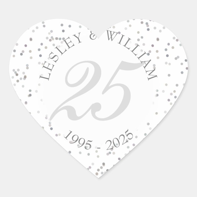 25th Wedding Anniversary Silver Stardust Confetti Heart Sticker (Front)