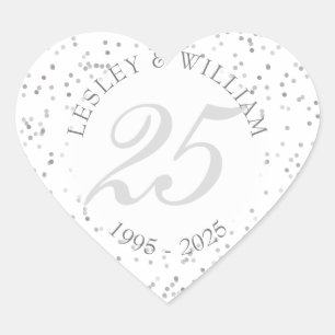 25th Wedding Anniversary Silver Stardust Confetti Heart Sticker