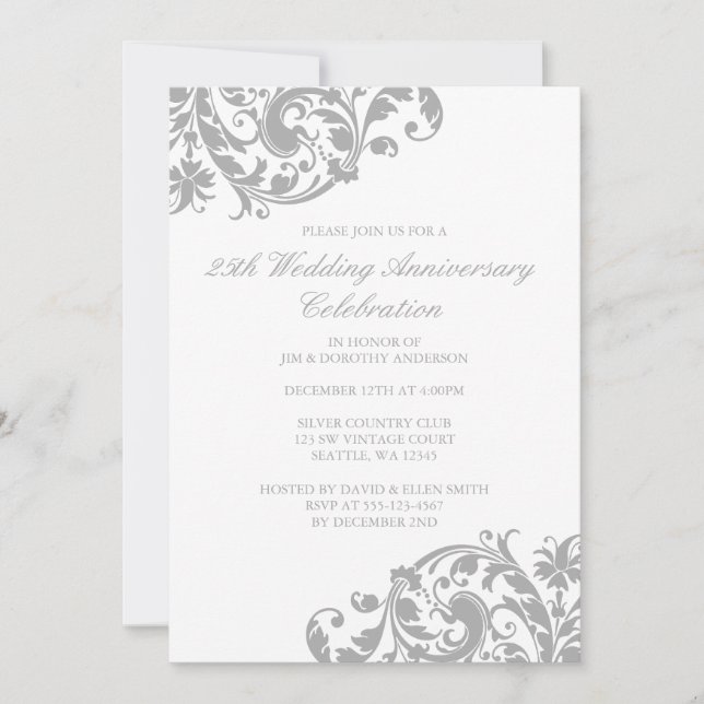 25th Wedding Anniversary Silver Swirl Flourish Invitation (Front)