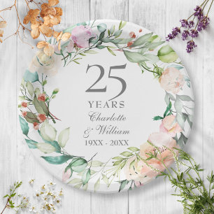 25th Wedding Anniversary Silver Watercolor Floral Paper Plate