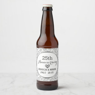 25th Wedding Anniversary Silver & White Damasks Beer Bottle Label