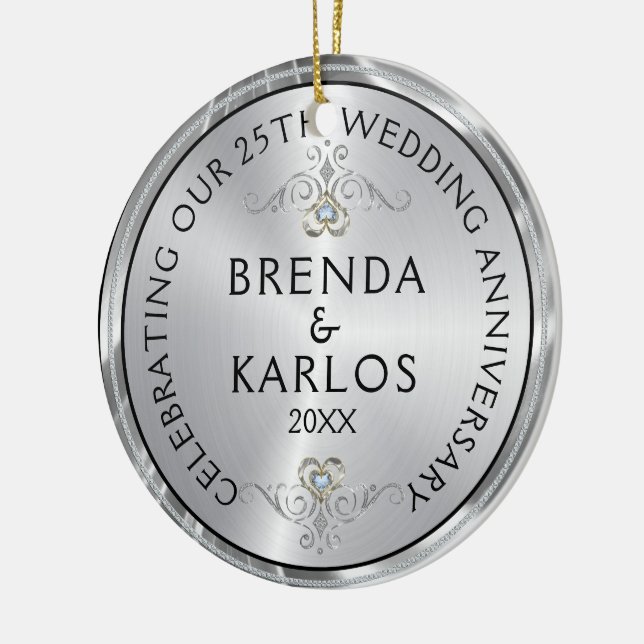 25th wedding anniversary silver & white diamonds ceramic ornament (Left)