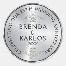 25th wedding anniversary silver &amp; white diamonds k classic round sticker