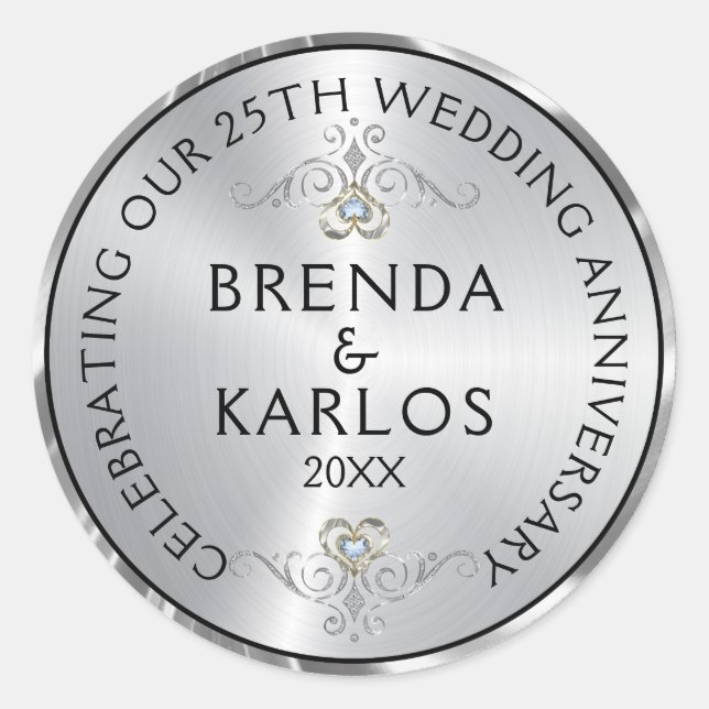 25th wedding anniversary silver & white diamonds k classic round sticker (Front)