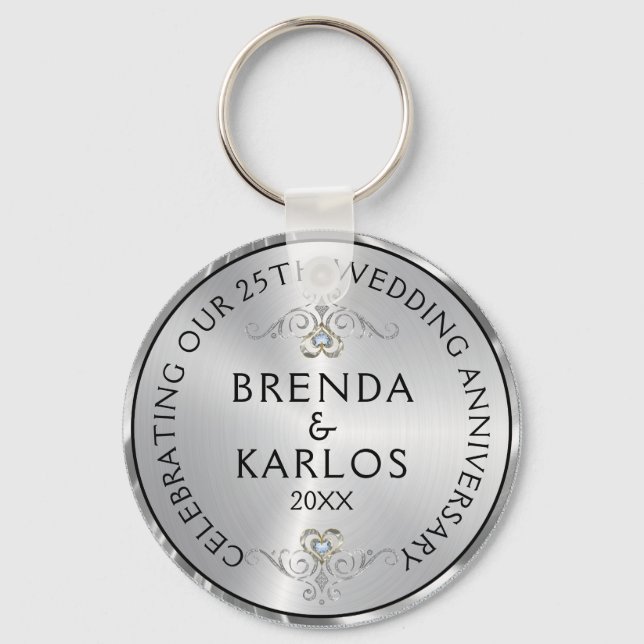 25th wedding anniversary silver & white diamonds key ring (Front)