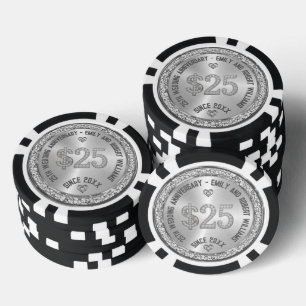 25th Wedding Anniversary Silver White Diamonds Poker Chips