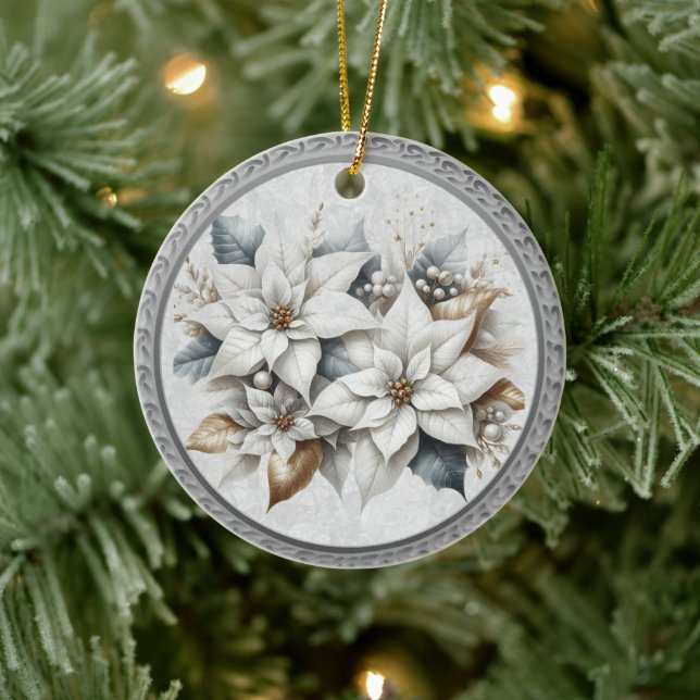 25th Wedding Anniversary Silver White Flower  Ceramic Ornament (Tree)