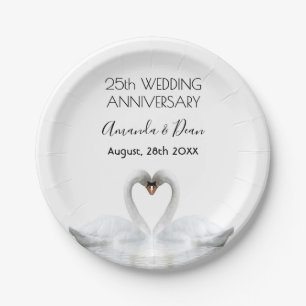 25th wedding anniversary silver white swans paper plate