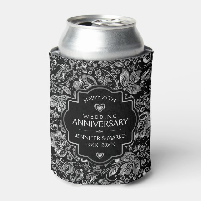 25th Wedding Anniversary &  SilverFloral Damasks Can Cooler (Can Front)