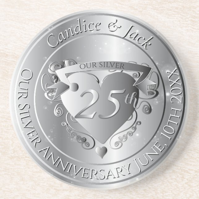 25th Wedding Anniversary Silvery Heart Coaster (Front)