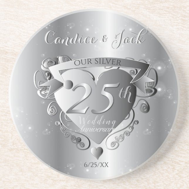 25th Wedding Anniversary Silvery Heart Coaster (Front)