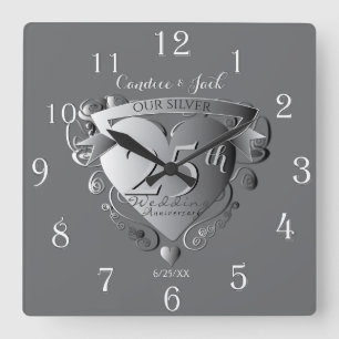 25th Wedding Anniversary Silvery Heart Emblem Square Wall Clock