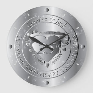 25th Wedding Anniversary Silvery Heart Large Clock