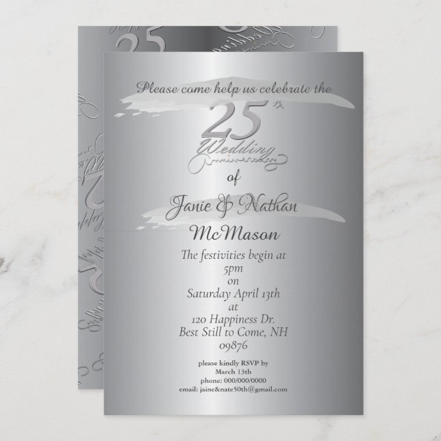 "25th Wedding Anniversary"Silvery Invitations (Front/Back)
