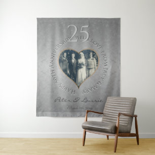 25th Wedding Anniversary silvery Photo Heart Tapestry