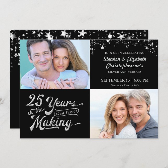 25th Wedding Anniversary Then & Now Photos Stars Invitation (Front/Back)