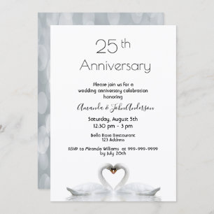 25th wedding anniversary two swans in love white invitation