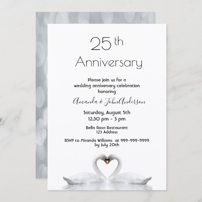 25th wedding anniversary two swans in love white invitation (Front/Back)