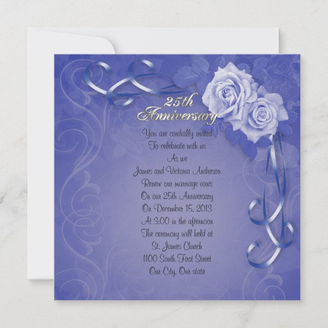 25th Wedding anniversary vow renewal blue roses Invitation (Front)