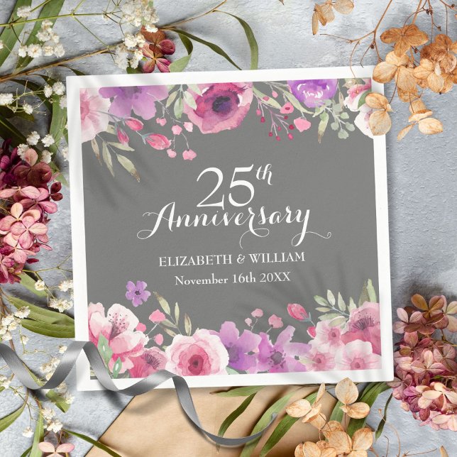 25th Wedding Anniversary Watercolor Roses Greenery Napkin (25th Wedding Anniversary Watercolor Roses Greenery Napkins)