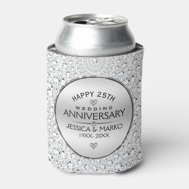 25th Wedding Anniversary White Diamonds & Silver Can Cooler (Can Front)