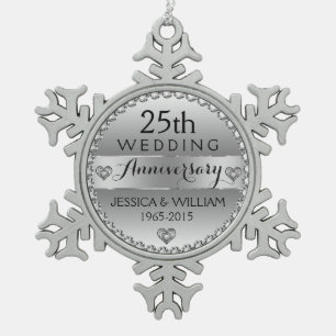 25th Wedding Anniversary White Diamonds & Silver Snowflake Pewter Christmas Ornament