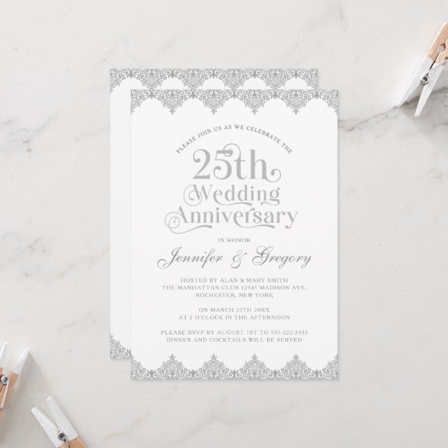 25th Wedding Anniversary White Grey Typography Invitation (Front/Back In Situ)