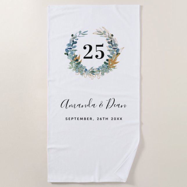 25th wedding annversary eucalyptus wreath beach towel (Front)