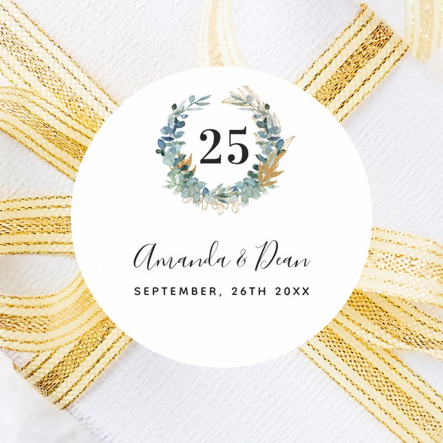 25th wedding annversary eucalyptus wreath classic round sticker (Creator Uploaded)
