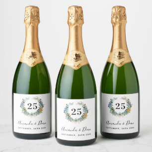 25th wedding annversary eucalyptus wreath sparkling wine label