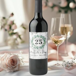 25th wedding annversary marble greenery wreath wine label