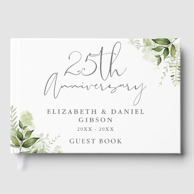 25th Wedding Silver Anniversary Floral Greenery Guest Book (Front)
